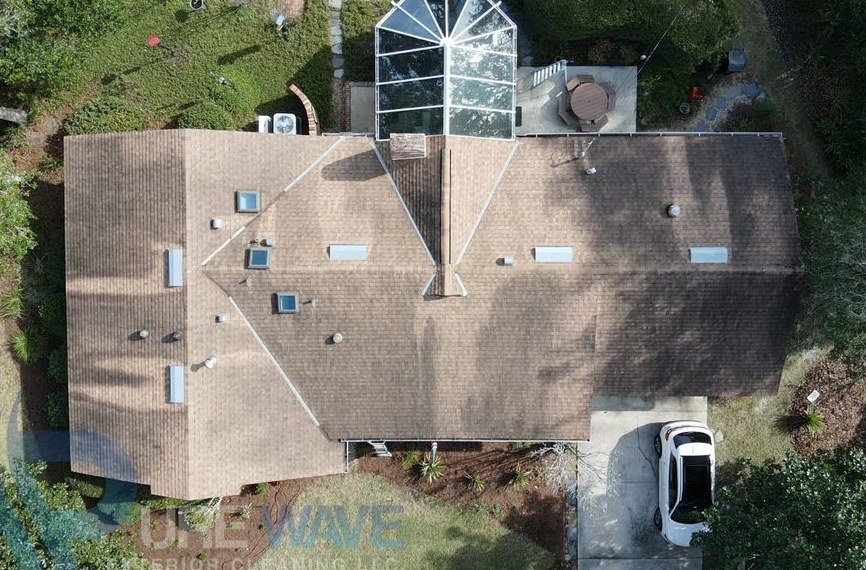 Shingle roof with dark algae streaks before soft wash cleaning