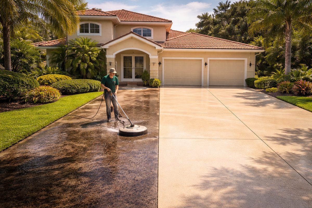 Pure Wave technician surface cleaning a concrete driveway, half cleaned and half dirty