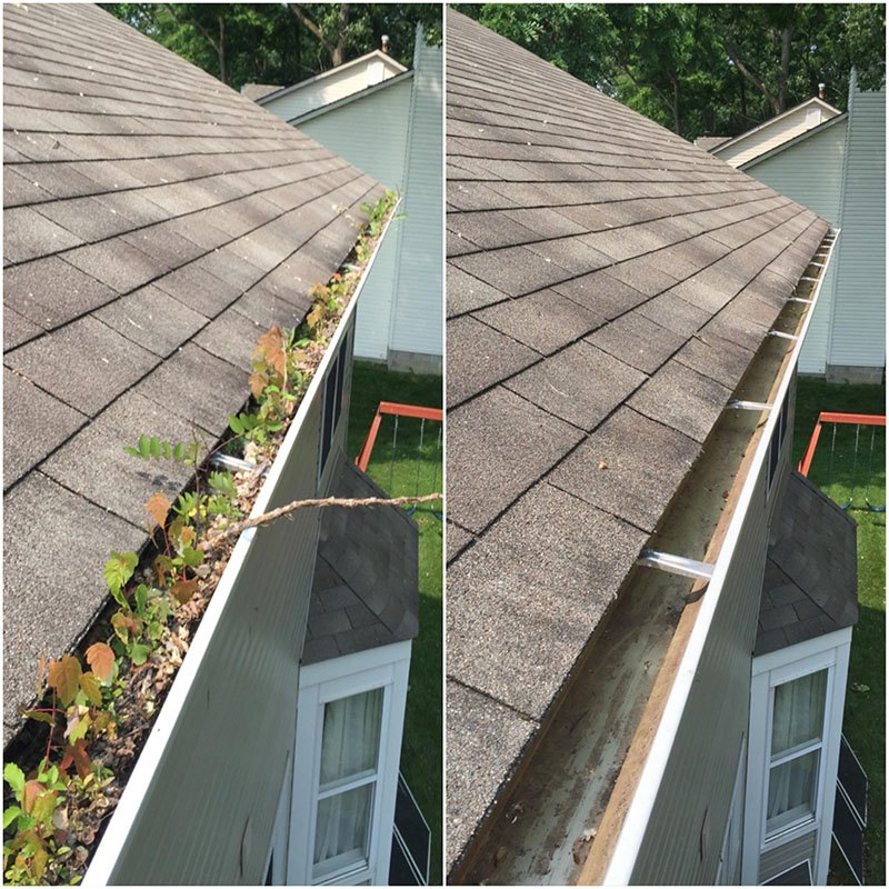 Gutter packed with leaves and weeds before cleaning and the same gutter clean after, gutter cleaning in Kendall, FL