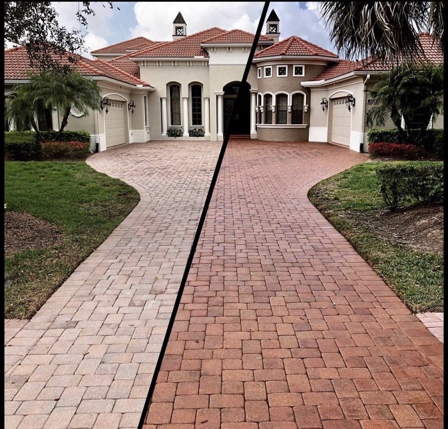 Paver driveway before and after cleaning by Pure Wave Exterior Cleaning in Hialeah, FL