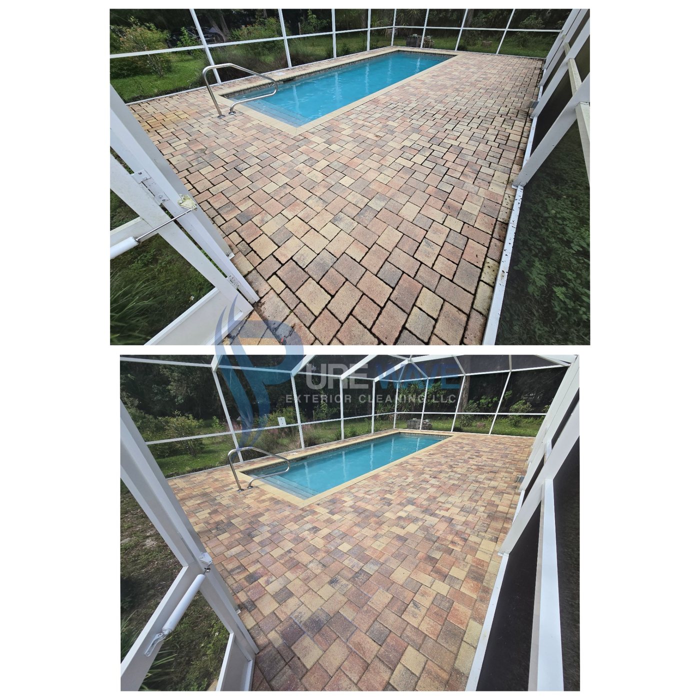 Before and after of a brick paver pool deck inside a screen enclosure, cleaned and sealed by Pure Wave Exterior Cleaning