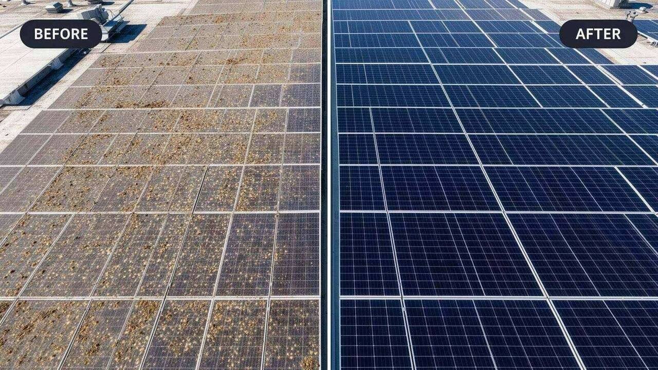 Solar panels covered in dirt and debris before cleaning and clean after